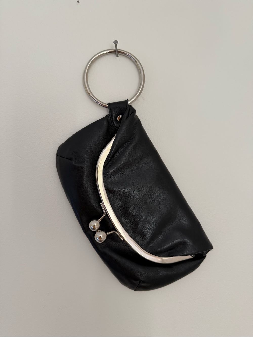 Black Vintage Ring-Handle Clutch with Silver Frame
